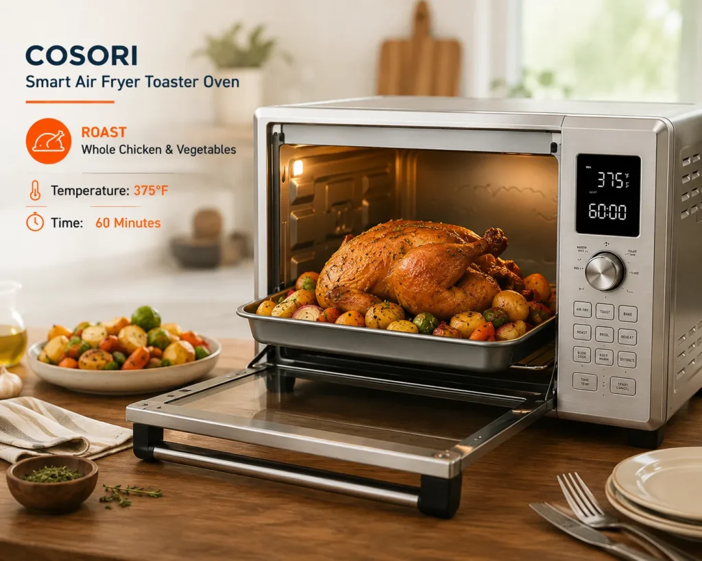 Roasting whole chicken and vegetables using COSORI Roast Function