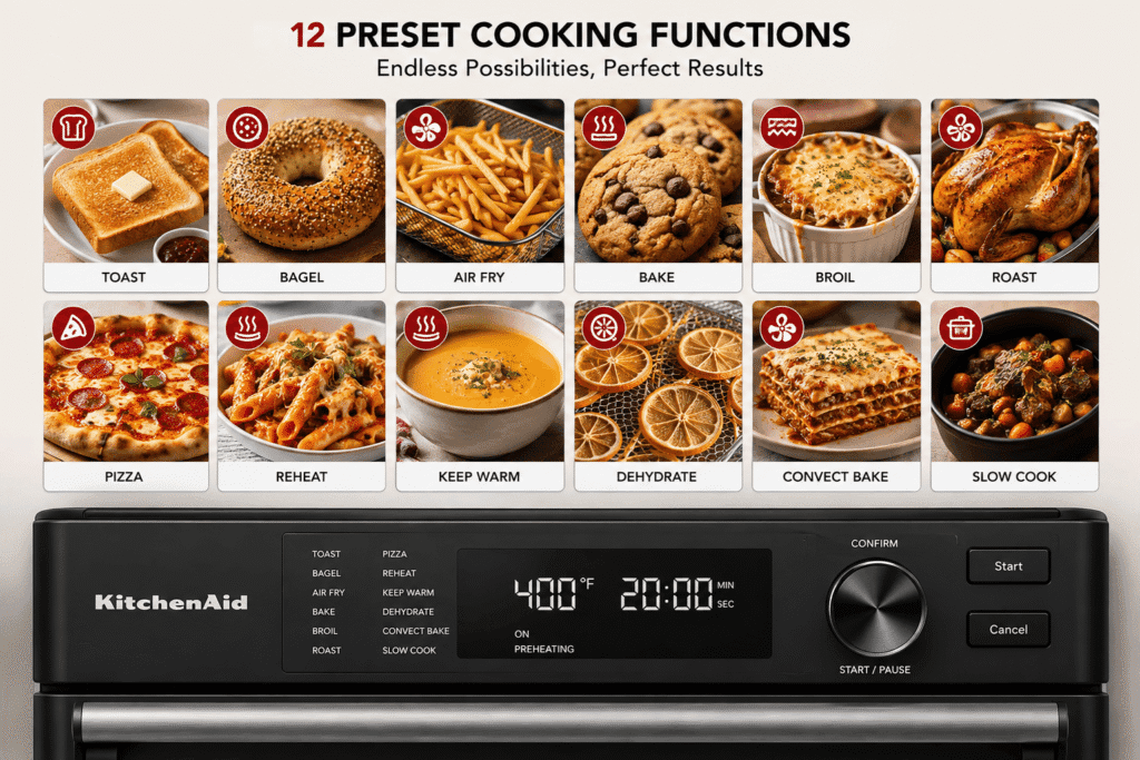 Visual Representation of Presets of Coooking of KitchenAid KCO224BM Dual Convection Countertop Oven with Air Fryer