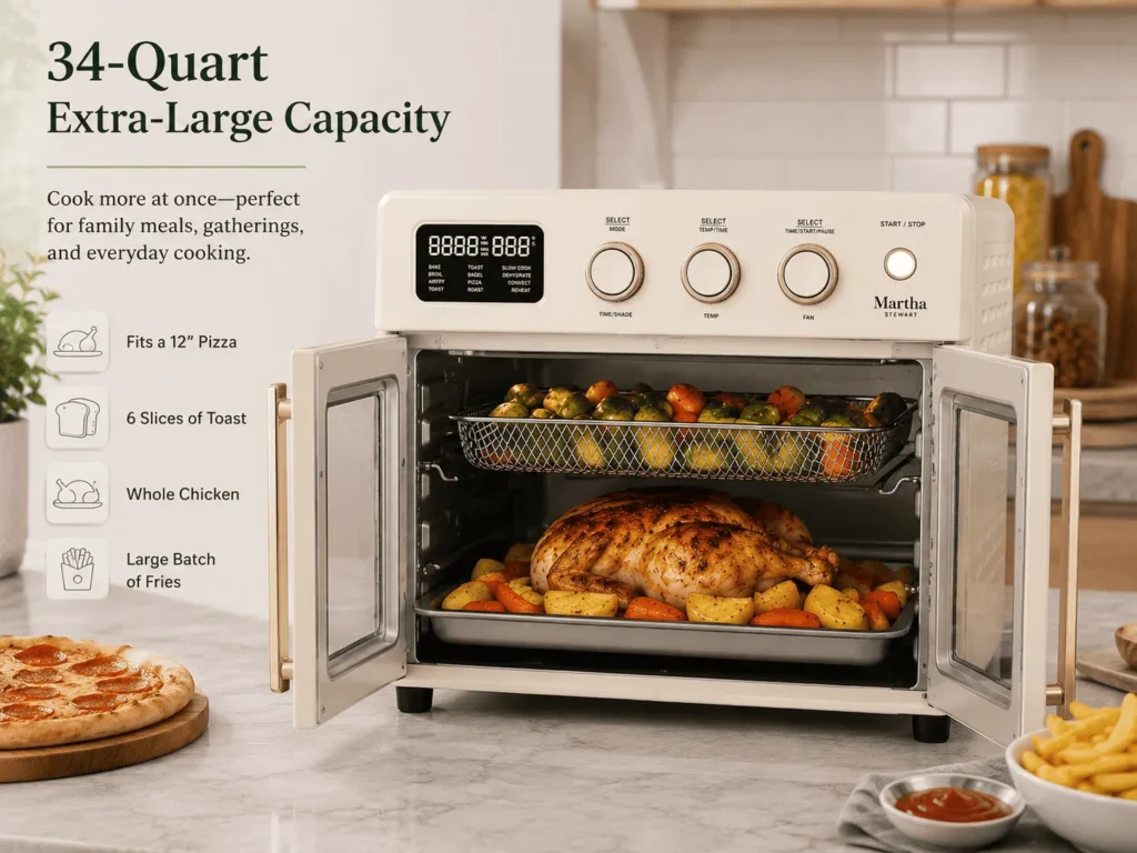 34 QT capacity of Martha Stewart French Door Air Fryer Toaster Oven Combo