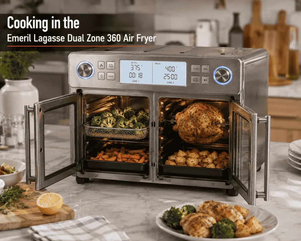 Cooking in Emeril Lagasse Dual Zone 360 Air Fryer Oven Combo Review