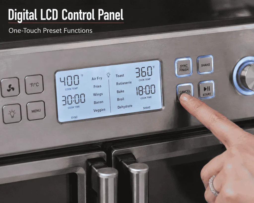 Digital display of Emeril Lagasse Dual Zone 360 Air Fryer