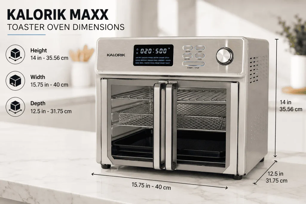 Image show the Dimension of Kalorik 26 Quart Digital Maxx Air Fryer Oven