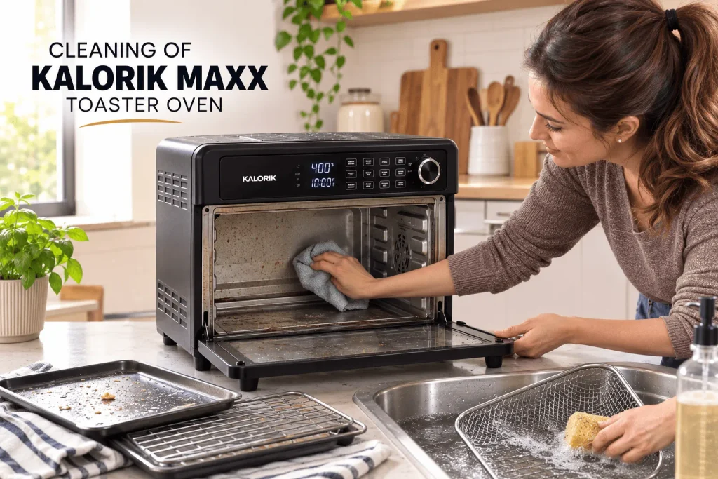 Image show cleaning of Kalorik 26 Quart Digital Maxx Air Fryer Oven