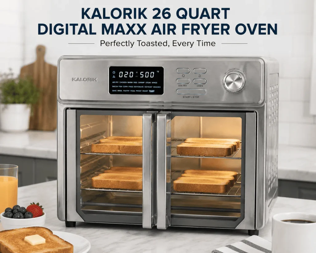 Image show Kalorik 26 Quart Digital Maxx Air Fryer Oven of Toasting of bread slices