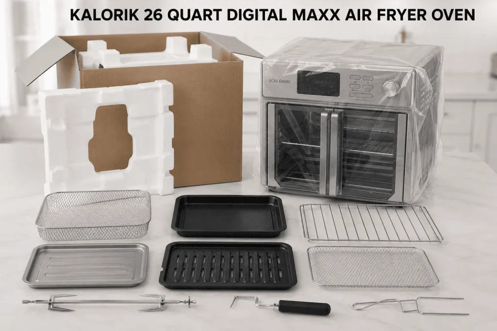 Image show unpacking of Kalorik 26 Quart Digital Maxx Air Fryer Oven