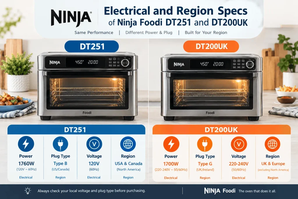 Electrical region and Specs of inja Foodi DT251 vs DT200UK